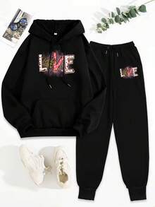 Conjunto de Sudadera con Capucha y Pantalones Deportivos para Mujer Estilo Casual Moda Primavera Verano Invierno Otoño Diseño LOVE Corazones Rayas Animales Letras Colorido Suave Cómodo Transpirable pa - Negro - Ver 2