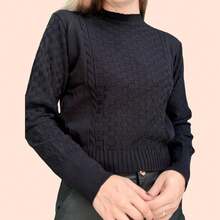 Women's Basic Modal Blouse With High Neck, Textured Knit Fabric, Winter Style, Delicate, Julook Knit, Cable Stitch, Daily Wear - Black - View 2