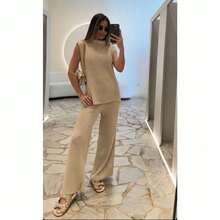 Women's Maxi Knit Set: Vest, Tank Top, Wide-Leg Pants With Pockets, Autumn/Winter Fashion, Stylish, Cold Weather, Comfortable Knitwear, Pockets, None, Winter Set - Gỗ đỏ - Xem 3