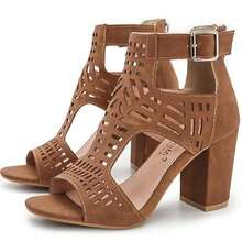 女士凉鞋夏季粗跟搭扣凉鞋女士镂空露趾拉链粗跟高跟鞋 - 卡其色 - 查看 1