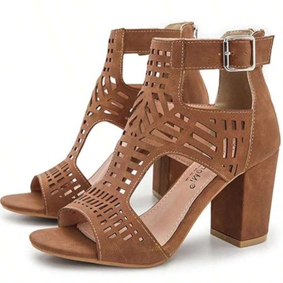 女士凉鞋夏季粗跟搭扣凉鞋女士镂空露趾拉链粗跟高跟鞋 - 卡其色 - 查看 1