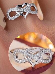 1pc Sweet & Gentle Interlocked Double Heart Zirconia Ring, Niche Design Luxurious Style Finger Jewelry, Suitable For Daily Wear - Ring - View 2