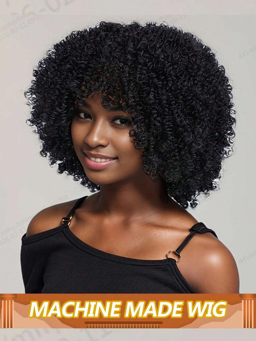Short Curly Human Hair Wig With Bangs Water Wave Glueless Bob Wig Wear And Go No Lace Wigs Brazilian Virgin Human Hair Natural Black 180% Density - Natural Black - View 1