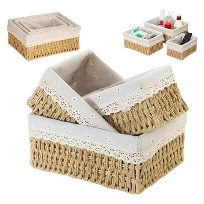 3 Pcs Canasta Organizadoras Caja De Almacenamiento De Mimbre Amarillo,  (S+M+L),  adecuada para llaves, artículos pequeños, mesa de café, maquillaje, llaves, aperitivos, sala de estar, entrada, hogar, cesta de almacenamiento decorativa, regalo de decoración navideña, estantería de almacenamiento reutilizable para papelería, armario, juguetes, cosméticos, organizador de escritorio, cesta de regalo ideal