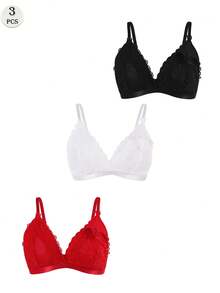 3pcs Solid Color Lace Trim Nursing Bras (Padless) - Black - View 11