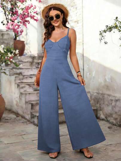 Monos De Pierna Ancha Color Liso En Tejido Texturizado,Jumpsuite De Mujer Con Lazo En La Espalda.