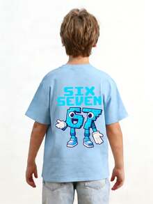 Soft & Comfortable Funny Number 67 Graphic Print Summer Top For Boys, Fashionable - Baby Blue - View 2