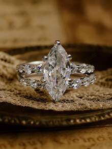 66ppppppcSSSSSSSS 女士奢华优雅马眼形订婚戒指，独特银色承诺戒指/结婚戒指，求婚和情人节礼物的完美之选（不含包装盒） - 銀色 - 查看 3