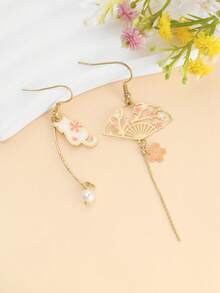 一对中国风创意扇形耳环，几何镂空设计，饰以仿珍珠和小花，优雅别致 - 彩色 - 查看 12