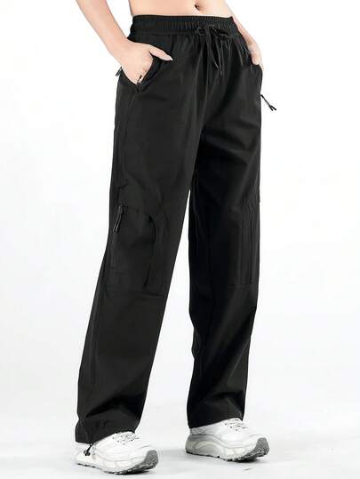 Women's Summer Ice Silk Nylon Quick Dry Lightweight Sun Protection Outdoor Hiking Pants, 5 Full Zipper Pockets Trekking Cargo Trousers With Elastic Drawstring Waist & Adjustable Elastic Drawstring Cuffs, Breathable Moisture Wicking Outdoor Pants For Hiking, Camping, Backpacking, Climbing And Travel