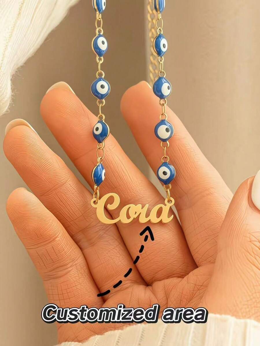Customized Blue Eyes Name Necklace Personalized Fashion Devil's Eye Name Necklace Stainless Steel Simple Amulet Necklace Gifts To Her Women Popular Jewelry Language English Only - Multicolor - View 1