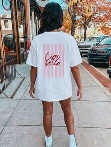 Damen Lässig Rot Handgeschriebenes "Ciao Bella" auf Italienisch bedeutet "Hallo, Schöne" vor einem weichen rosa gestreiften Hintergrund, Rundhals Kurzarm Lässig Frühling/Herbst/Sommer Damen T-Shirt, Valentinstag/Schulanfang für Damen T-Shirt Damen/Valentinstag für Damen, Urlaub Damen, Sommer für Damen, Valentinstag, Tops, Sommer, Valentinstag Weiß - Weiss - Übersicht 4