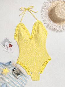 Bộ áo tắm liền thân mùa hè mới dành cho nữ, được làm từ chất liệu vải đặc biệt với viền bèo nhún, thiết kế gấu áo xòe, phong cách nghỉ dưỡng thanh lịch và thoải mái. - Màu vàng - Xem 7