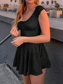Women Summer Short Dress Solid Color Ruched Bust Boat Neck Off Shoulder Puff Sleeve A-Line One Piece For Ladies - Black - View 1