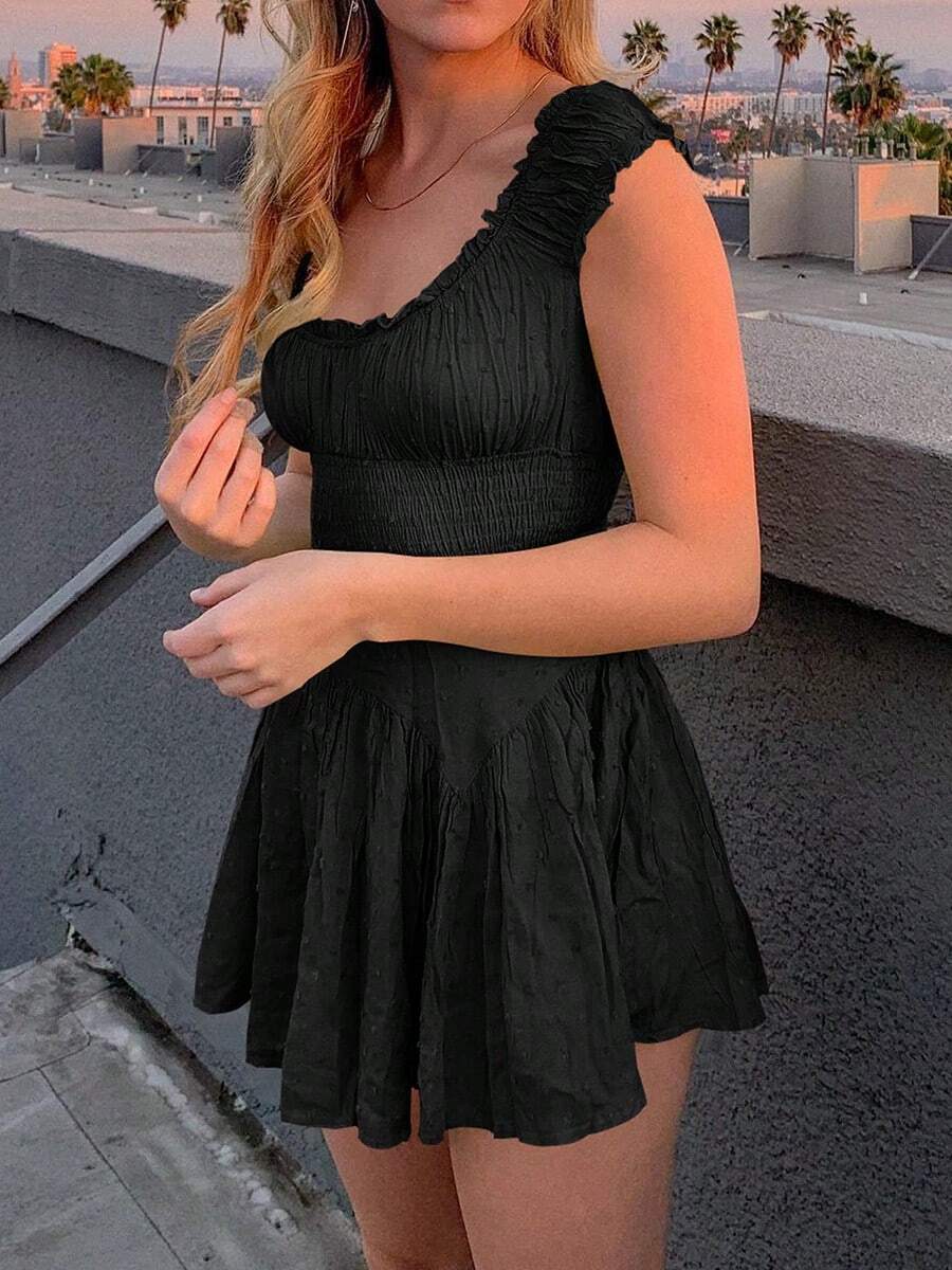 Women Summer Short Dress Solid Color Ruched Bust Boat Neck Off Shoulder Puff Sleeve A-Line One Piece For Ladies - Black - View 1