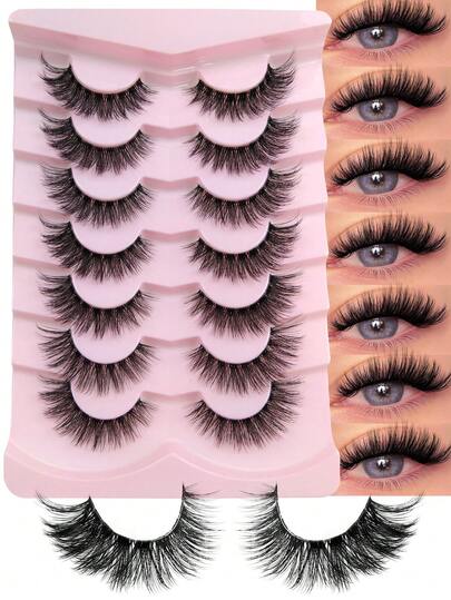 7对蓬松透明带假睫毛，自然柔软交叉透明带，3D仿貂毛卷翘睫毛，适合日常佩戴，条状假睫毛，假睫毛，假睫毛，假睫毛