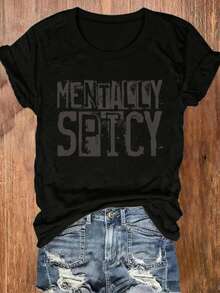 Women'S "Mentally Spicy" Graphic Crew-Neck T-Shirt - Casual Short Sleeve, Black With Red & White Print, Stretchy Polyester Blend, Machine Washable, Everyday Tshirt | Crew Neck Tshirt |   Glossy Texture - màu đen - Xem 10