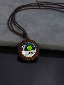 1PC Lucky Clover Pattern Wooden Pendant Necklace, With Dome Glass Inlay And Rope Chain, Suitable For Daily Matching Or Holiday Gifts. - Brown - View 11
