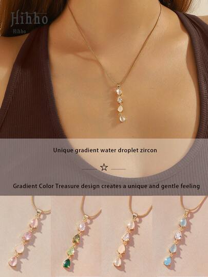 Hihho 1件金色渐变立方氧化锆水滴项链，优雅奢华的通勤和约会配饰