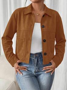 Women's Faux Suede Cropped Jacket Casual Fall Fashion Button Down Winter Coats Outerwear Clothes Christmas New Years Outfit Women - 棕色 - 查看 5