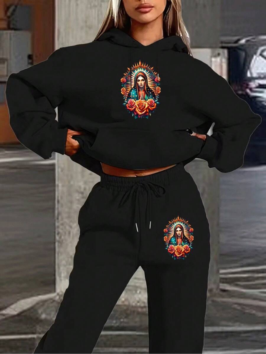 Conjunto de Sudadera con Capucha y Pantalones Deportivos para Mujer Estilo con Diseño de Virgen y Rosas Florales Patrón de Estrellas Colores Vibrantes Moda Casual Deportiva Ropa de Invierno - Negro - Ver 1