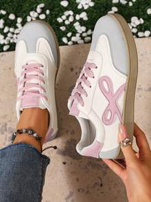 1双女士休闲运动鞋，蝴蝶结装饰，软底系带低帮跑步鞋，休闲运动鞋 - 粉色 - 查看 3
