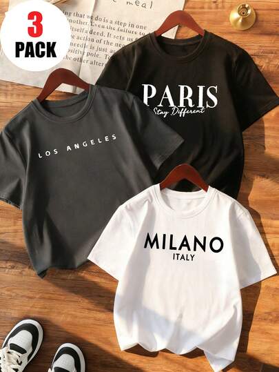 3pcs/Set Tween Girl Casual Printed Round Neck Short Sleeve T-Shirt, Summer Student Clothing - Colorful T-Shirts Bring Joy To Every Child! Tween Girl Graphic Tee Tops, Summer