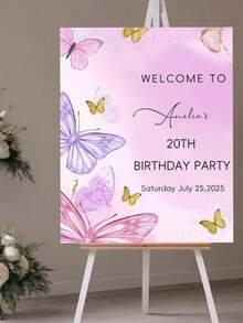 Cartel de bienvenida de cumpleaños personalizado - Texto y nombre personalizados, decoración elegante con flores rosas y mariposas, decoración de fiesta de cumpleaños de tono suave para interiores/exteriores - Decoración de cumpleaños - Multicolor - Ver 8