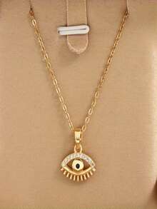 1件金色立方体蓝色眼睛复古设计独特时尚简约项链吊坠，适合男士、女士、情侣、街头服饰、日常、派对、圣诞节、万圣节等场合，百搭（OPP袋包装） - 金色 - 查看 2