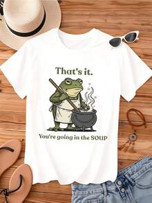 Camiseta de Mujer con Cuello Redondo, Estampado de Rana Cocinando Sopa, Manga Corta, Estilo Casual de Verano para Uso Diario y Salidas - Blanco - Ver 2