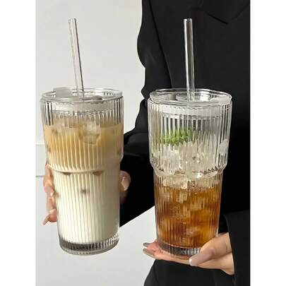 2 PCS Vintage Striped Tumblers, Tumblers With Glass Straws, 19oz Coffee Cups, Thickened High Borosilicate Material Tumblers, Perfect For Iced Coffee, Juice, Beverages, Home, And Parties.