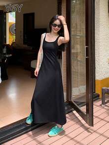 [Y6Y] Women's Sleeveless Square Neck A-Line Thick Strap Dress, Spring/Summer French Casual Elegant Waist Slimming Dress - Black - View 6