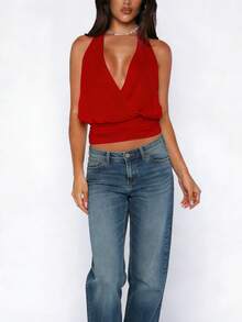 Womens Y2k Solid Color Loose Fit Crop Top Stylish Sleeveless Halter Neck Open Back Tank Vest Fashionable Going Out Cami Top For Summer Party Dailywear - Đỏ - Xem 4