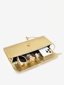 Women's Retro Minimalist Faux Woven Texture Angora Red Vintage Flap Lock Large Capacity Clutch Handbag, Shoulder Bag For Parties, Outings And Daily Use - 金色 - 查看 5