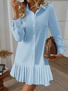 Women's Elegant Solid Color Pleated Collar Front Button Closure Side Slit Shirt Dress Spring - Baby Blue - View 5