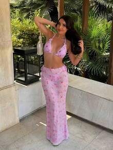 Bộ bikini 3 mảnh dành cho nữ, kiểu dáng mới, gợi cảm, thanh lịch, thích hợp đi biển, hẹn hò, dự tiệc, in hoa, trang trí nơ, hở lưng, buộc dây phía trước, kèm áo khoác ngoài và chân váy. - Nhiều màu - Xem 3