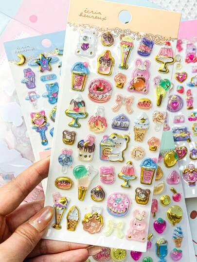 3D Cute Stickers, Interesting Shiny Embossed Decorations, Stereoscopic Interesting Japanese Anime Stickers, Crystal Stickers, With Solid Texture, Exquisite Stereoscopic Shape, Self-Adhesive Waterproof Non-Stick Decorative Stickers, With Tactile Effect And Rich Decorative Atmosphere, Mixed Color Design, Asymmetric Shape, Waterproof Decorative Stickers