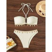 Women's Bandeau Bikini Textured Shell & Starfish Two Piece Swimsuit - Halter Top Swimwear For Beach, Pool, Vacation, Summer, Supportive & Adjustable - 多色402 - 查看 4