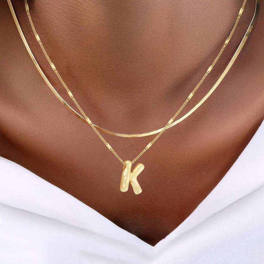 2pcs Set New Oversized Bubble Letter Gold Stainless Steel Multi-Layer Necklace For Women - Golden Bubbles - View 1