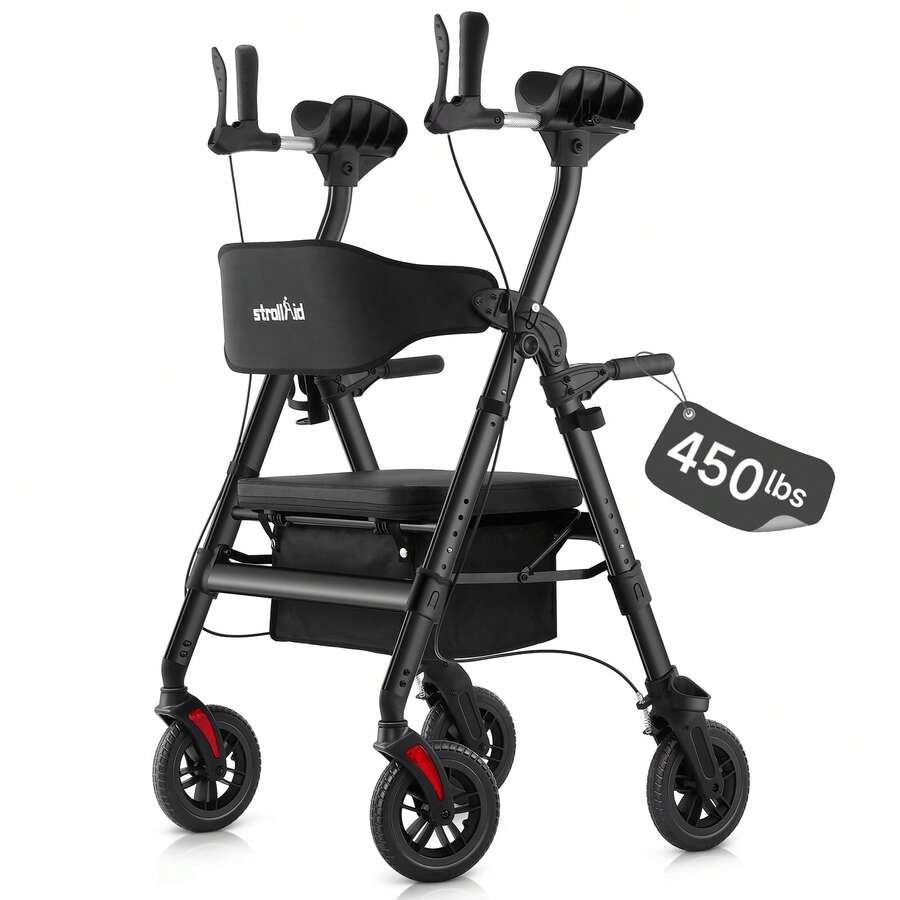 IsEasy Upright Walkers For Seniors, 450 Lb Heavy Duty Stand Up Rollator Walker With Adjustable Soft Sponge Armsupport & Seat, Tall Standing Folding Rolling Walker With 8'' Wheel, Black