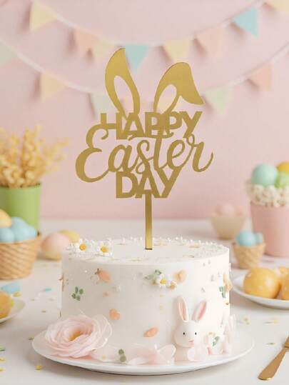 1pc Happy Easter Bunny Egg Golden Mirror Acrylic Cake Decoration Insert Easter Party Cake Decorative Supplies With Bunny Pattern And Easter Egg Elements For Holiday Party Dessert.