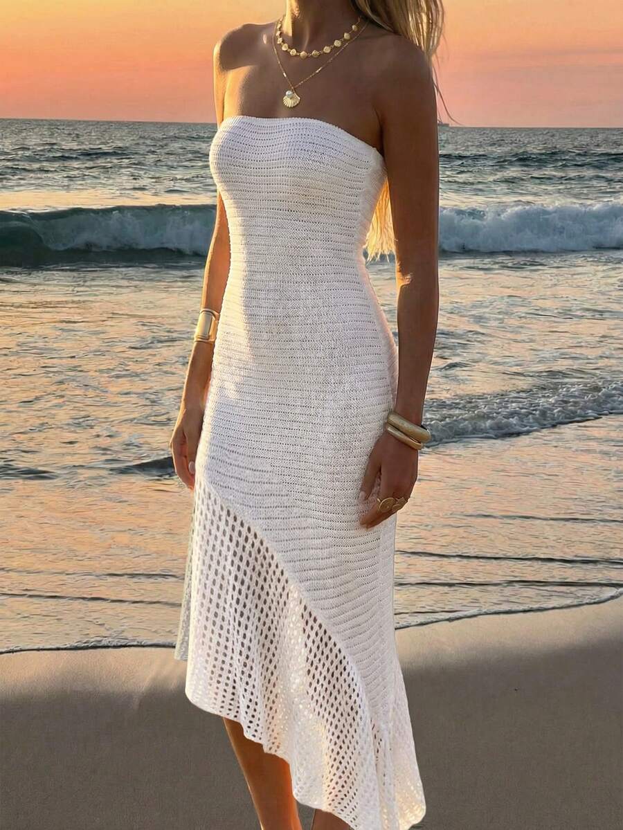 Đầm dệt kim mùa hè màu trắng khoét cổ, thiết kế bất đối xứng gợi cảm dành cho nữ, thích hợp cho kỳ nghỉ biển.