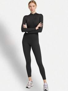 Women's High-Elasticity Long Sleeve Tight Fitting Yoga Jumpsuit, Half-Zip Front Slim Fit Athletic Casual Bodysuit For Cycling, Workout & Daily Wear, Women's Acitvewear. - 黑色 - 查看 11