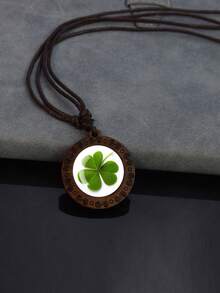 1PC Lucky Clover Pattern Wooden Pendant Necklace, With Dome Glass Inlay And Rope Chain, Suitable For Daily Matching Or Holiday Gifts. - Brown - View 18