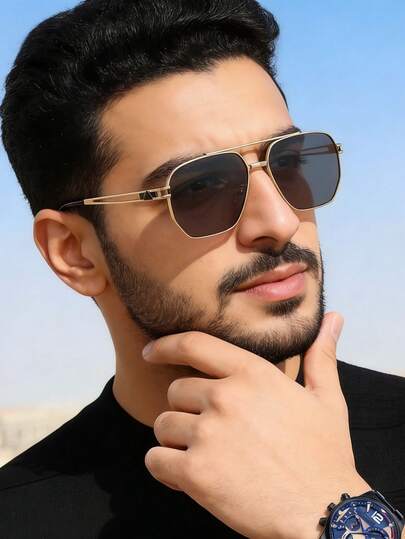 1 pieza Nuevos lentes de piloto de metal de alta gama con doble puente, gafas de moda para hombres. Reducen la intensidad de la luz solar, adecuadas para pesca, ciclismo, deportes, viajes y fotografía