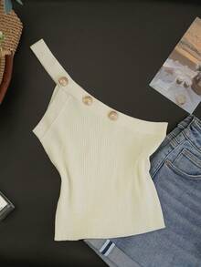 New Knitted Camisole Top, Asymmetrical Fitted Sexy Spaghetti Strap Blouse, Spring/Summer - Apricot - View 4