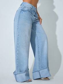 Quần short denim nữ màu xanh dương cạp thấp ống rộng, kiểu dáng thường ngày, có túi xéo, thích hợp cho mùa hè và mùa xuân. - Rửa nhẹ - Xem 3