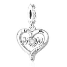 1 Piece 925 Sterling Silver "I Love You Mom" Heart Dangle Charm, ECG Zirconia Pendant Bead DIY Unisex Mother's Day Jewelry Gift - Silver - View 1