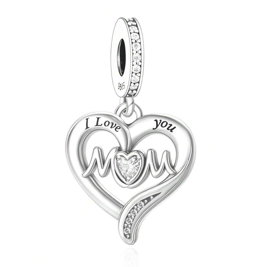 1 Piece 925 Sterling Silver "I Love You Mom" Heart Dangle Charm, ECG Zirconia Pendant Bead DIY Unisex Mother's Day Jewelry Gift - Silver - View 1