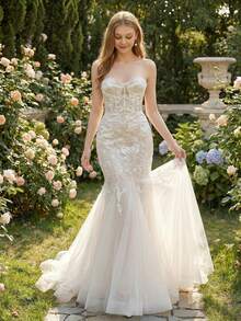 YOUKEFEIER [2025 New] Strapless Mermaid Wedding Dress, Sheer Mesh, Waist-Cinching Silhouette, Trailing Design, Bridal Gown/Reception Dress, Suitable For Wedding Ceremony & Evening Banquet - Beige - View 2